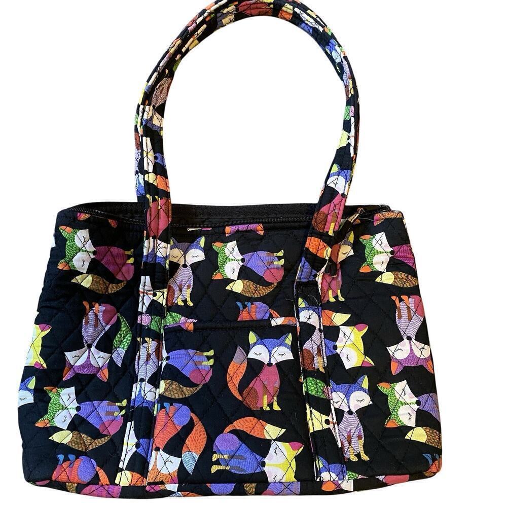 Women Tote Shoulder Bag Quilted Cotton 14x10” Black Colorful Foxes Travel Work